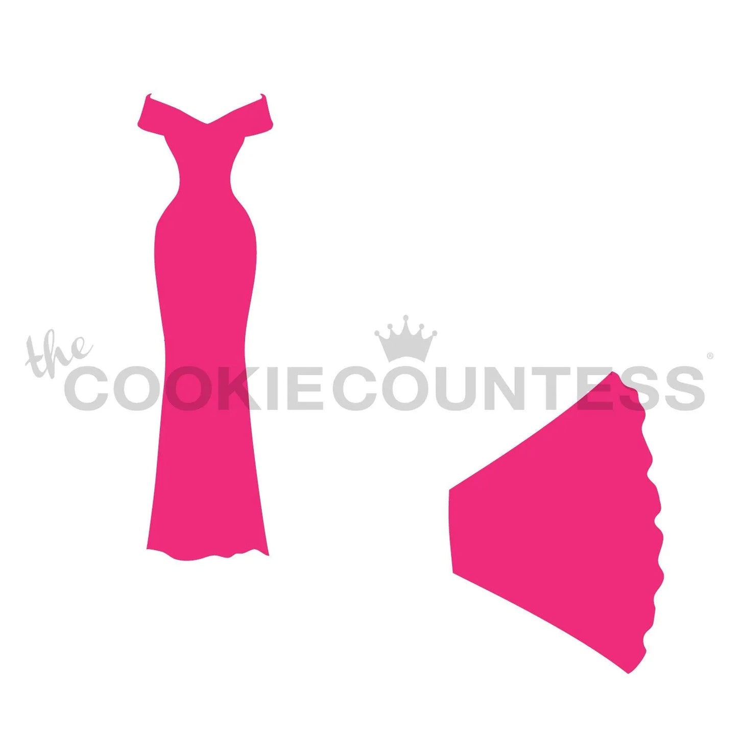 The Cookie Countess Wedding Dress Making stencil set met roze jurk silhouetten, elegante lange avondjurk en korte jurk ontwerpen voor het decoreren van bruiloft en mode-thema koekjes