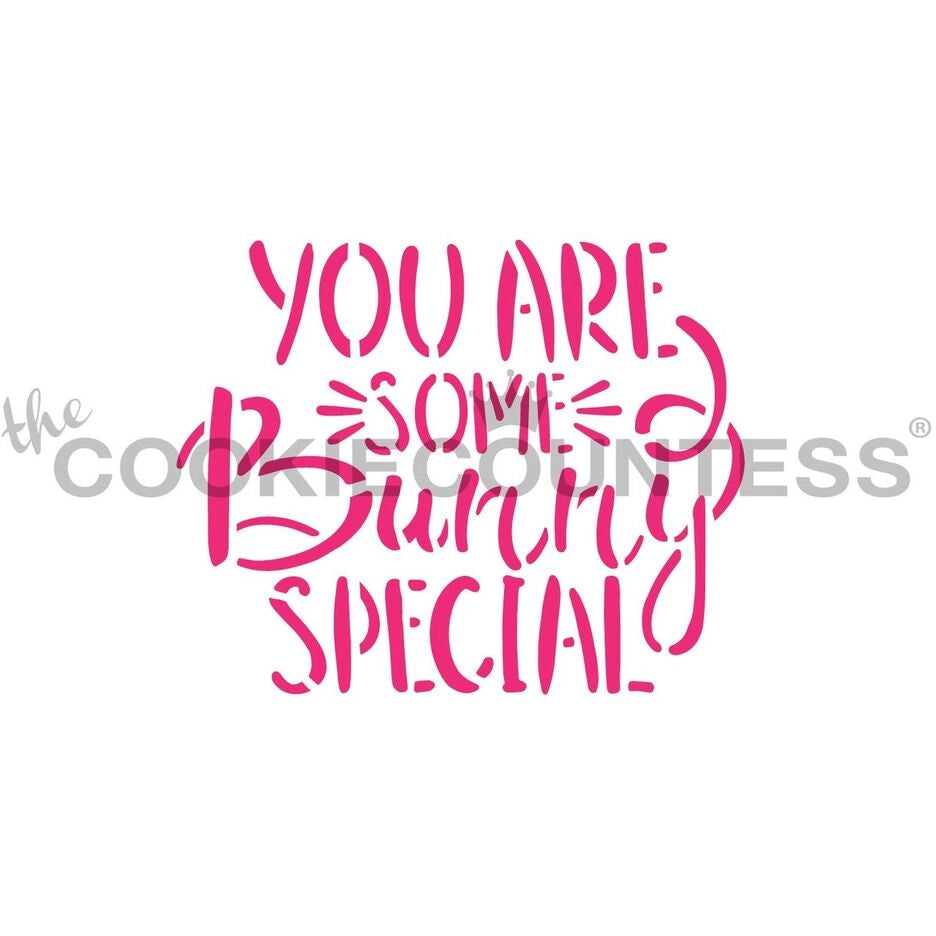 The Cookie Countess You Are Some Bunny Special stencil ontwerp met speelse handlettering tekst in roze, lief paasontwerp perfect voor het decoreren van paaskoekjes met airbrush of royal icing