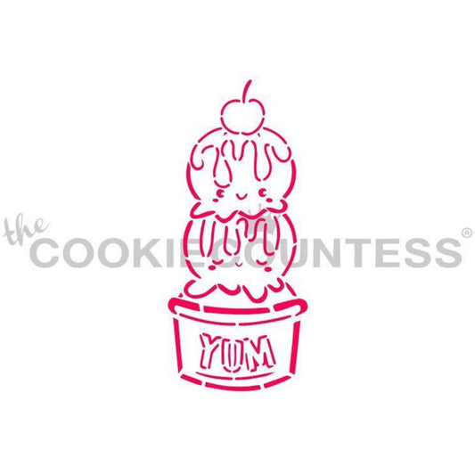 Yum Ice Cream PYO stencil van The Cookie Countess met ijsje-ontwerp en bijpassende uitsteker