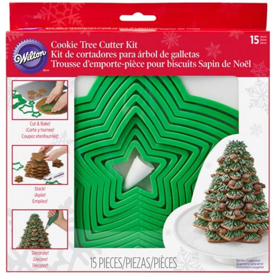 Wilton Christmas Cookie Tree Cutter Kit met 15 stervormige koekjesuitstekers in verschillende maten om een kerstboom van koekjes te stapelen, inclusief verpakking met voorbeelden