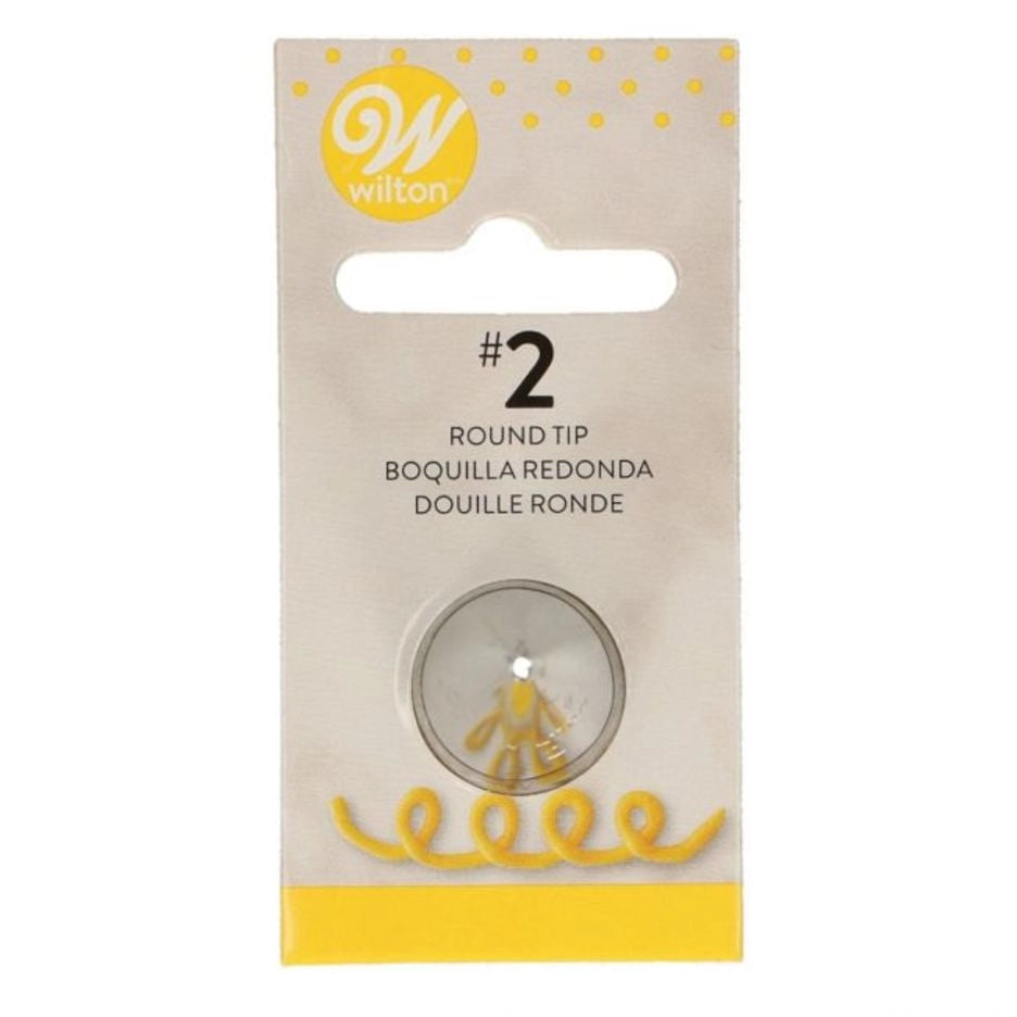 Wilton Decorating Tip #2 ronde spuitmond op verpakkingskaart met voorbeeld van ronde sierlijnen, ideaal voor het schrijven en decoreren van koekjes
