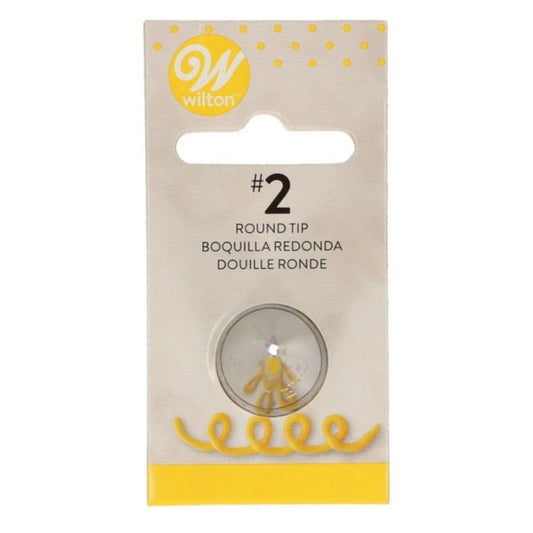 Wilton Decorating Tip #2 ronde spuitmond op verpakkingskaart met voorbeeld van ronde sierlijnen, ideaal voor het schrijven en decoreren van koekjes