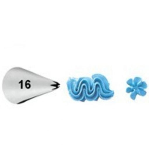 Wilton Decorating Tip #16 Open Star spuitmond met spuitresultaten, roestvrijstalen open ster spuitmondstuk met voorbeelden van blauwe botercreme decoraties zoals swirls en bloemen, ideaal voor het decoreren van koekjes en cupcakes