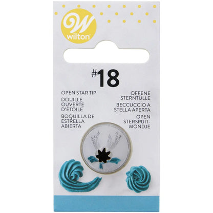 Wilton Decorating Tip #18 Open Star verpakking met spuitmond en voorbeelden van blauwe spuitresultaten zoals roosjes, ideale open ster spuitmond voor het decoreren van koekjes en cupcakes