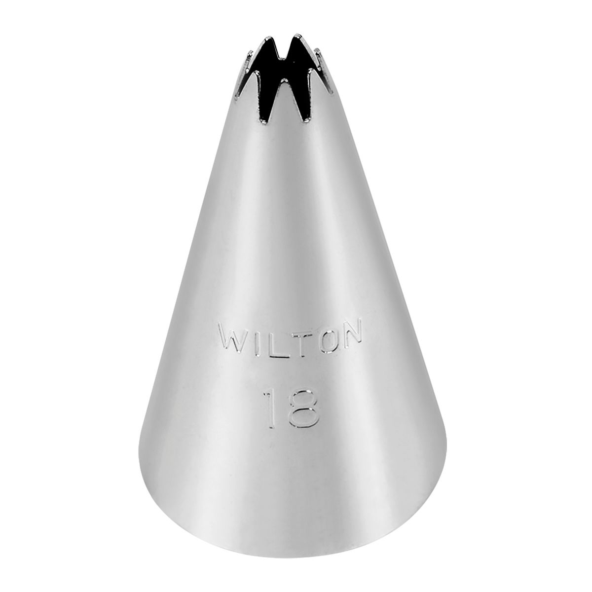 Wilton Decorating Tip #18 open ster spuitmond in roestvrijstaal, close-up van de stervormige opening met Wilton 18 gravering, professionele spuitmond voor het maken van sterren en roosjes op koekjes en cupcakes