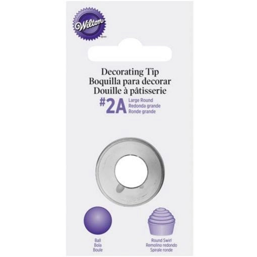 Wilton Decorating Tip #2A grote ronde spuitmond op verpakkingskaart met voorbeelden van bolletjes en ronde swirls, ideaal voor het vullen en decoreren van koekjes