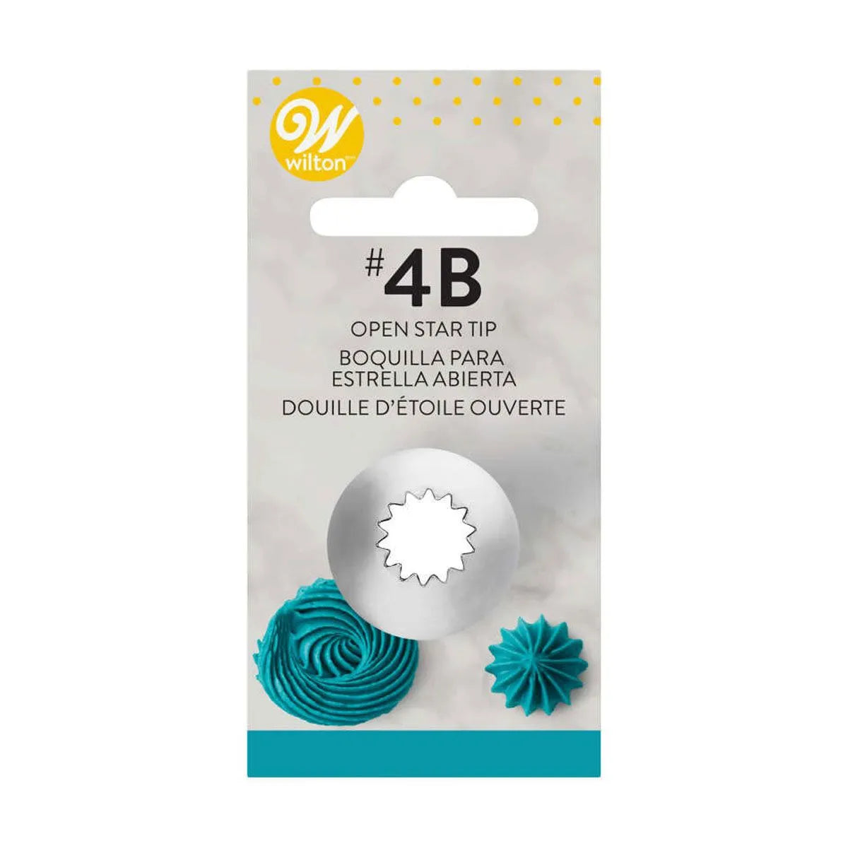 Wilton Decorating Tip #4B Open Star verpakking met spuitmond en voorbeelden van turquoise spuitresultaten zoals roosjes en stervormen, ideale open ster spuitmond voor het decoreren van koekjes en cupcakes
