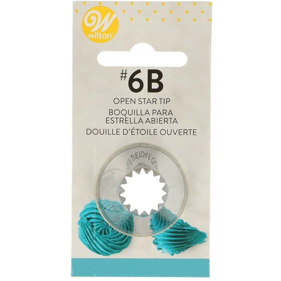 Wilton Decorating Tip #6B open ster spuitmond op verpakkingskaart met voorbeeld van mooie swirls, perfect voor het maken van roosjes en toeven op koekjes en cupcakes