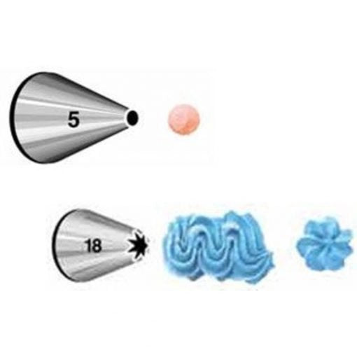 Wilton Decorating Tip Set met spuitmond #5 rond en #18 open ster, met voorbeelden van spuitresultaten voor het decoreren van koekjes en cupcakes