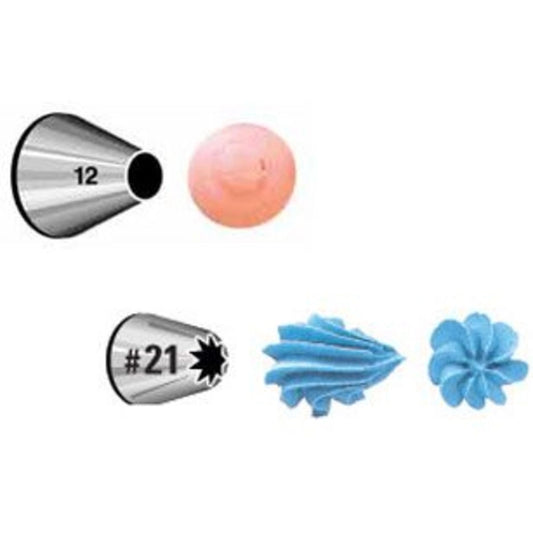 Wilton Decorating Tip Set met spuitmond #12 rond en #21 open ster, met voorbeelden van spuitresultaten voor het decoreren van koekjes en cupcakes