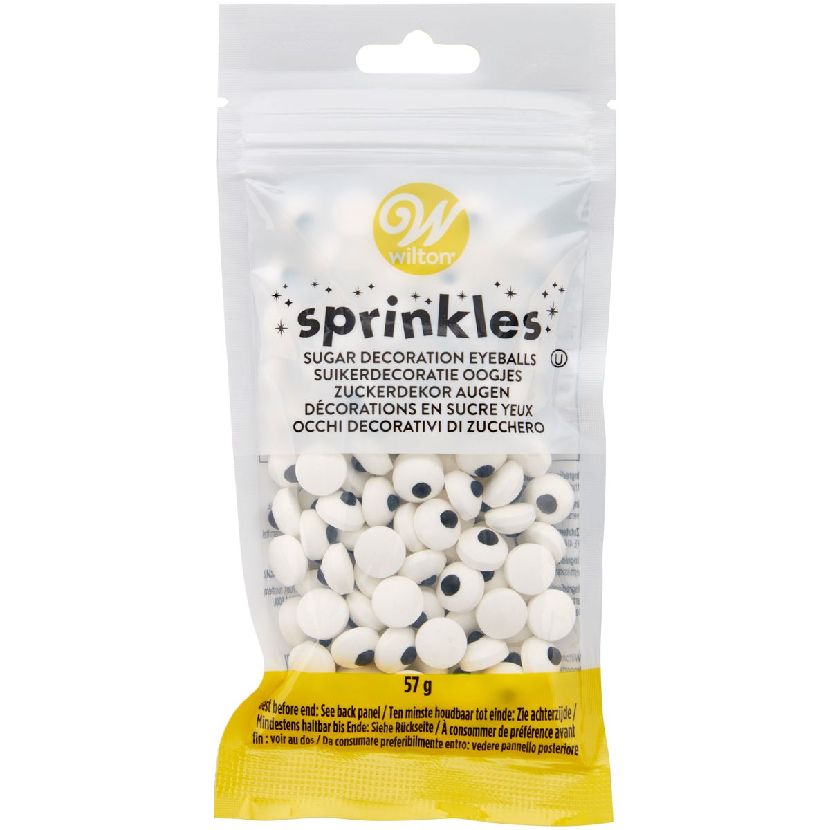 Close-up van Wilton eetbare oogjes (1 cm) in verpakking van 57g – perfect voor koekjes en cupcakes.