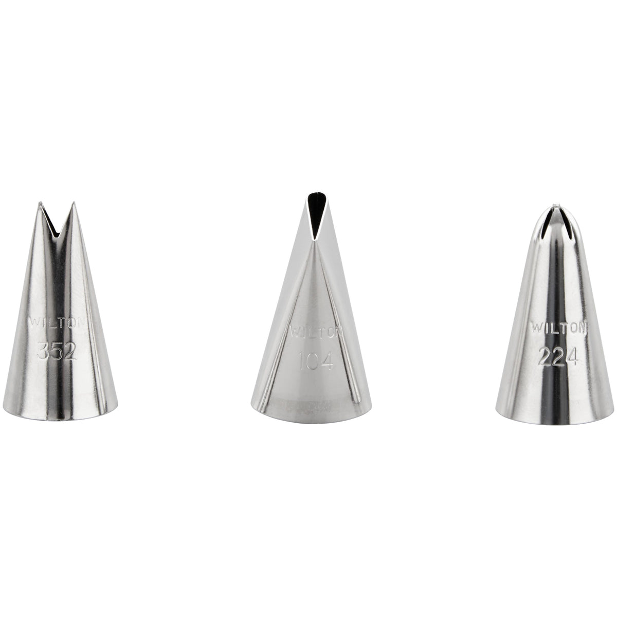 De drie losse Wilton spuitmondjes #104, #352 en #224