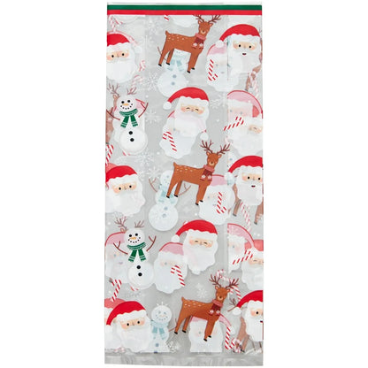 Wilton Zakjes Kerstman Sneeuwpop Rendier, kleurrijke doorzichtige traktatiezakjes met kerstman, sneeuwpop en rendier design in feestelijke kleuren, ideaal voor het verpakken van kerstkoekjes en kersttraktaties
